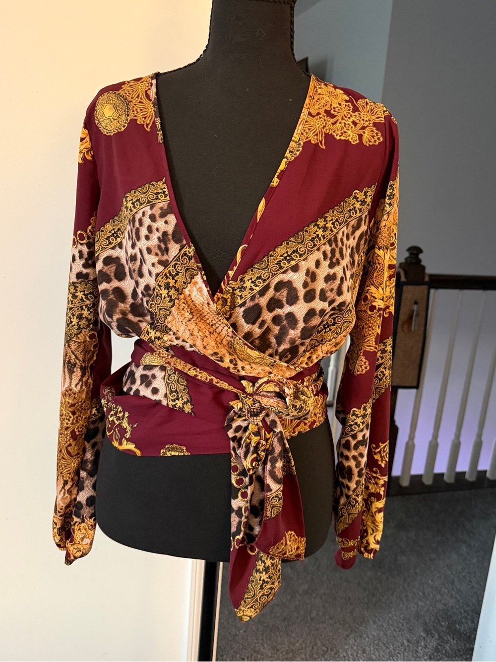 Fashion Nova Burgundy and Gold Animal Print Wrap Top